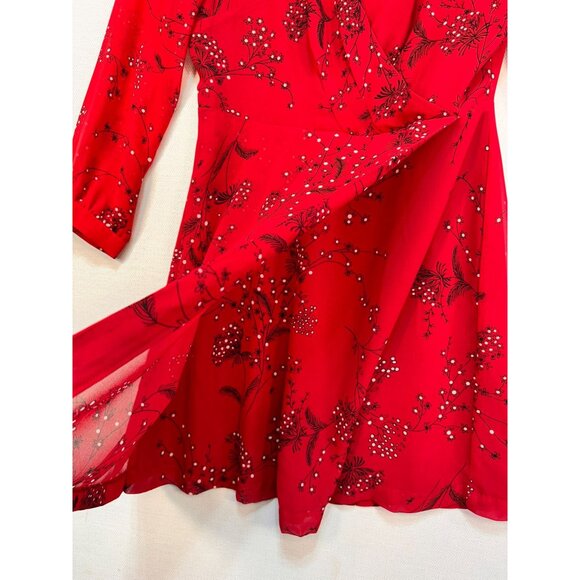 Madewell Womens Short Wrap Dress Size 6 Red Floral Sheer Sleeves - Picture 8 of 10